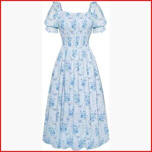 Summer Puff Sleeve Square Neck A-Line Midi Dress Flowy Chiffon Wedding Guest